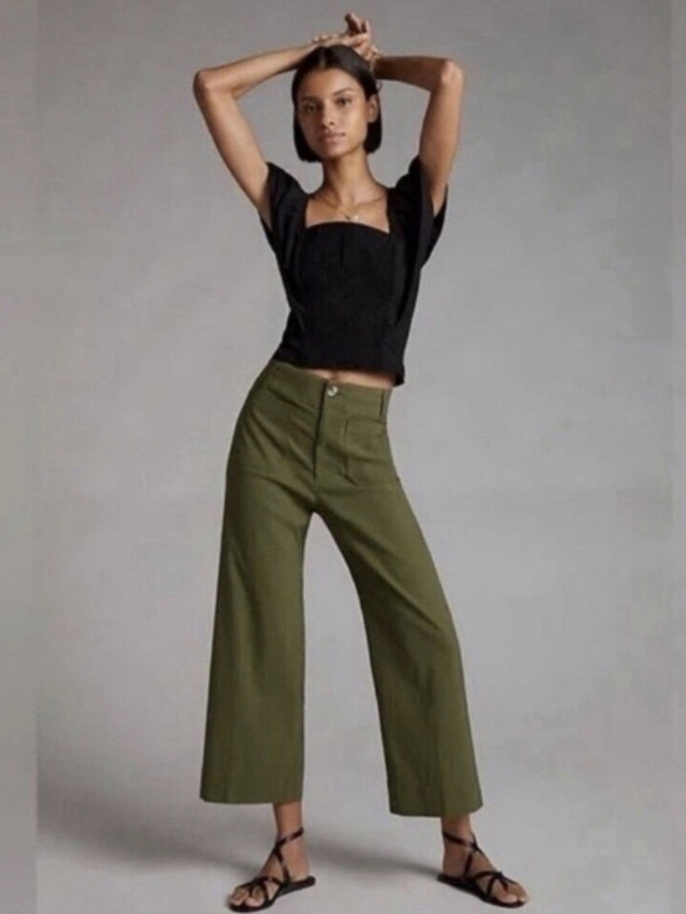 Maeve by Anthropologie The Colette Linen Blend Pants Olive Green Wide Leg 26